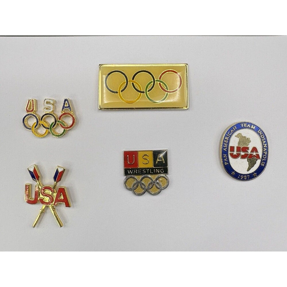 Lot of 5 Vintage USA Olympics Team Wrestling Pan Am Enamel Pins Indianapolis 87